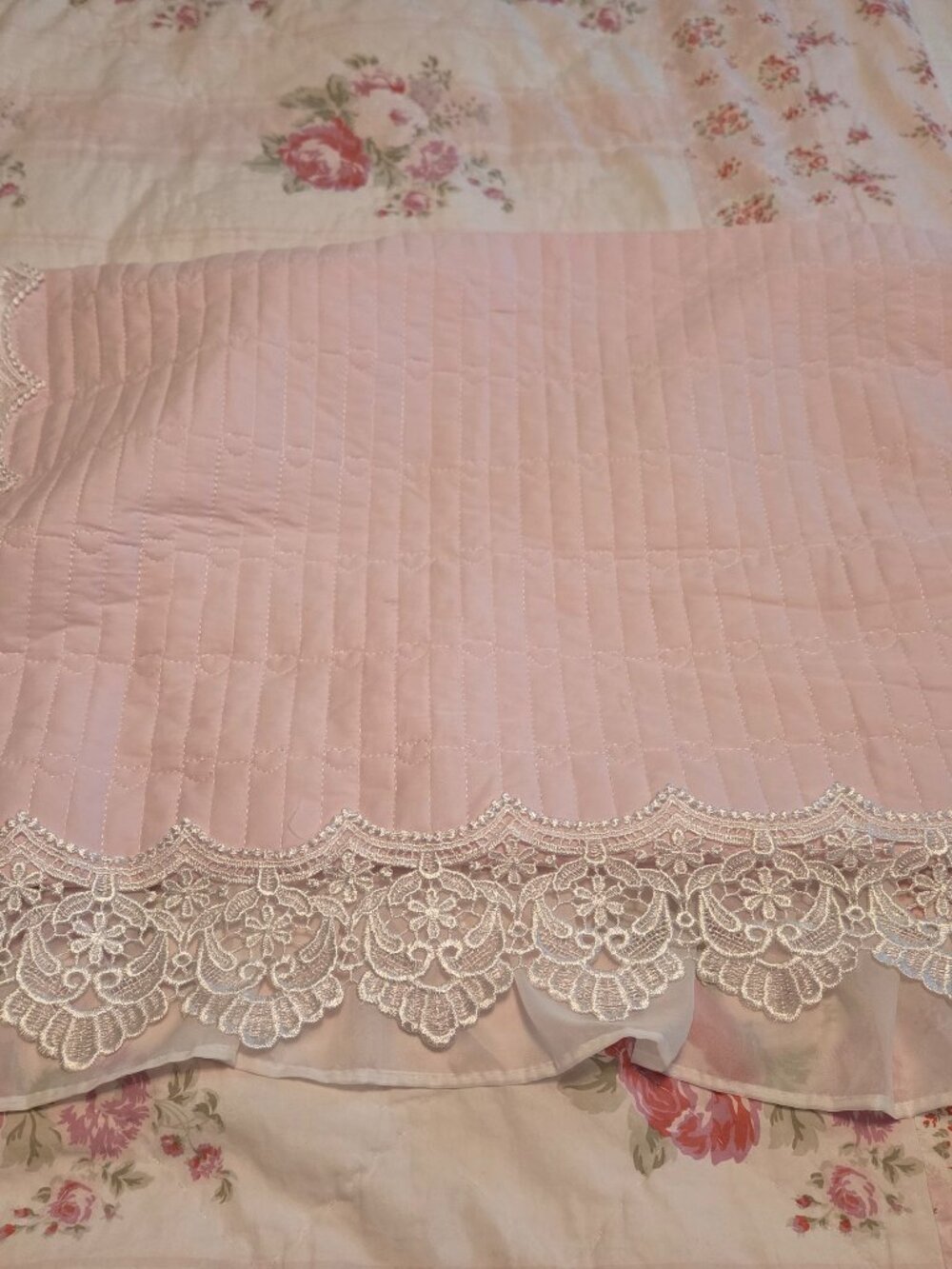 Pair of Cotton pink quilted pillow shams with lace